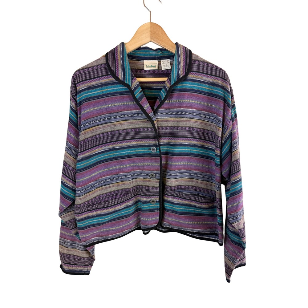 LL Bean Vintage Button Up Jacket Women L Multi Stripe Cotton Woven Boho